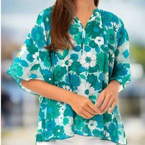 Antik Batik Cotton Voile Floral Blouse Womens Medium Blue Flutter Sleeve Tunic